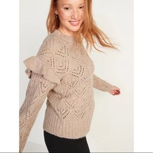 Old Navy Ruffle-Trim Metallic Pointelle-Knit Fall Crew Neck Sweater